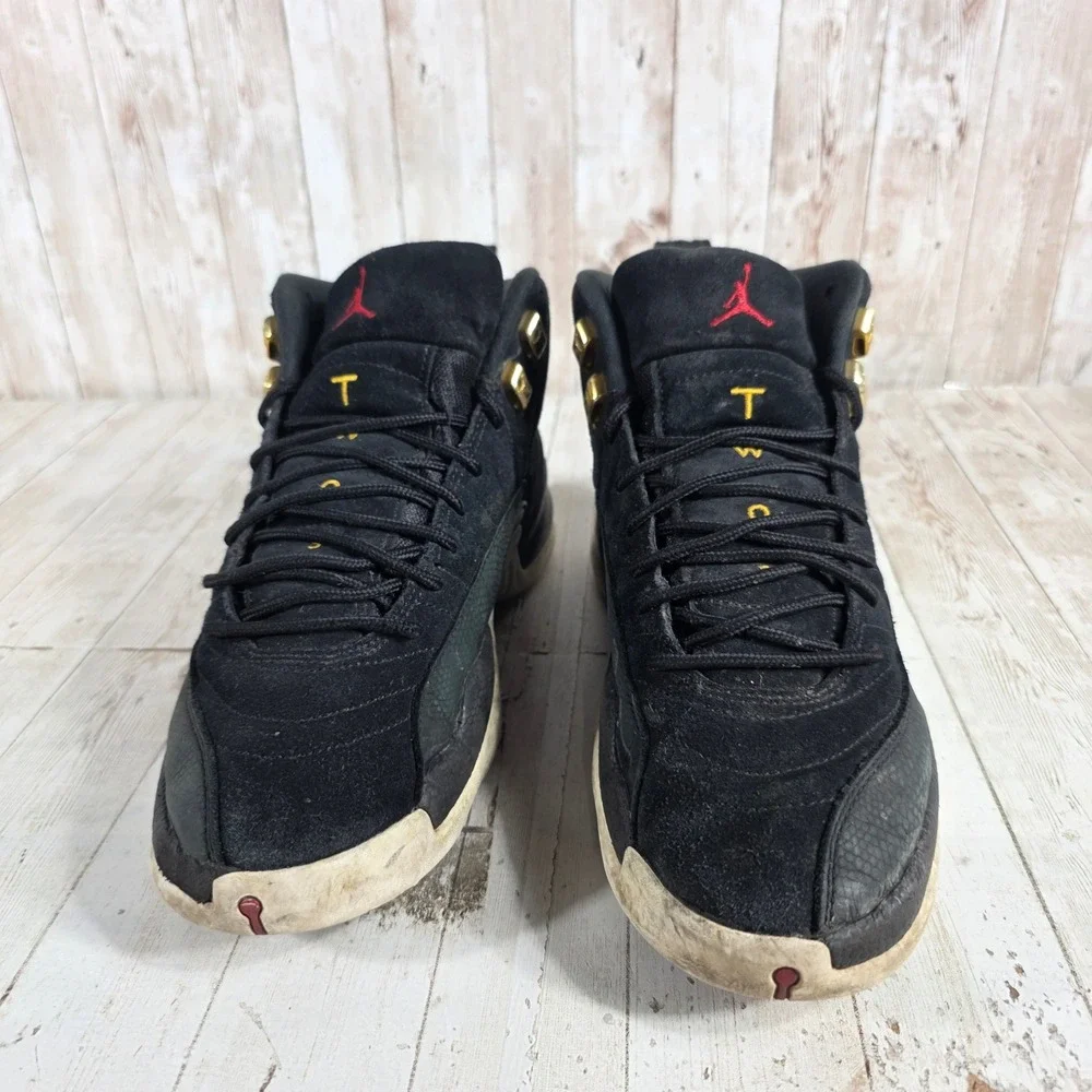 Jordan 12 Retro Reverse Taxi Black Suede Gold 130690-017 Mens Size 9